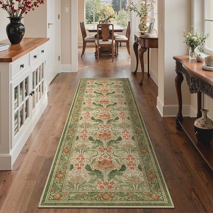 Bavni 2'6''x8 Runner Rug,Microfiber Washable Non-Slip Vintage Floral Rugs,Low Pile Lightweight Carpet for Bedroom,Hallway,Entryway,Kitchen,Bathroom, Sage Green & Burnt Orange