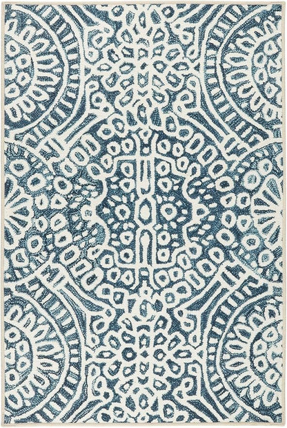 Dash & Albert Temple Ink Machine Washable Rug, 7.5 X 9.5 Feet, Blue Geometric Pattern