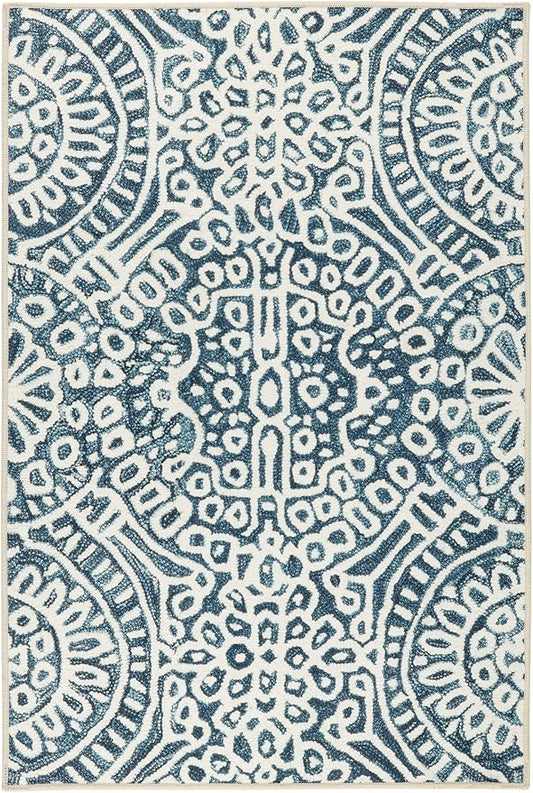 Dash & Albert Temple Ink Machine Washable Rug, 7.5 X 9.5 Feet, Blue Geometric Pattern