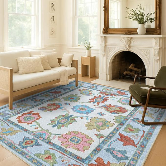 Fame Living Colorful Oushak Rug, Modern, Vintage, Turkish, Eclectic, Floral, Pastel, Washable, Area Rugs for Living Room, Dining, Bedroom, Nursery, Girls, Boys, 5'9"x8'9"