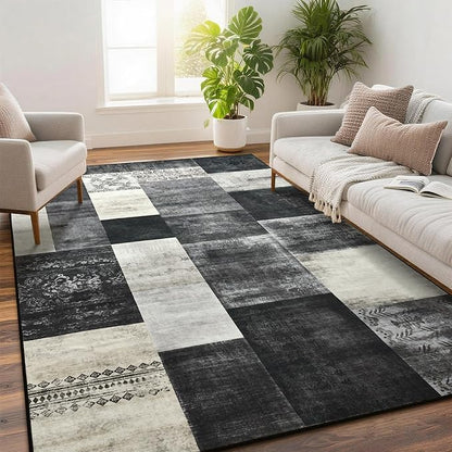 Tepook Modern Area Rug for Living Room, 5x7 Geometric Large Rugs for Bedroom, Washable Patchwork Rug Indoor Non-Slip Throw Carpets for Dining Room Office Farmhouse Home Decor, Black and White