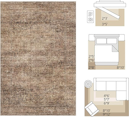 FMFUNCTEX 8x10 Washable Area Rug Rust Brown Vintage Neutral Distressed Oriental Large Non Slip Carpet for Living Room Bedroom Soft Low Pile Indoor Mat Retro Rug for Dining Room Kitchen Office Nursery