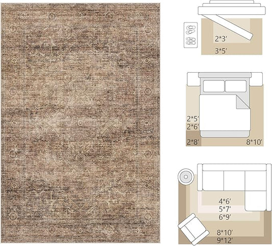 Fmfunctex 2x6 Hallway Runner Rug Rust Brown Vintage Neutral Washable Distressed Non Slip Low Pile Traditional Indoor Carpet Retro Entryway Rug for Kitchen Living Room Bedroom Bathroom Laundry Entrance