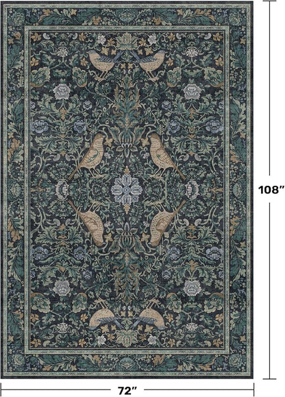 Moody Floral 6x9 Boho Living Room Rug - Washable Forest Bird Non-Slip & Low Pile Soft Carpet, Navy Blue & Deep Teal Area Rug for Dining Room Under Table, Bedroom