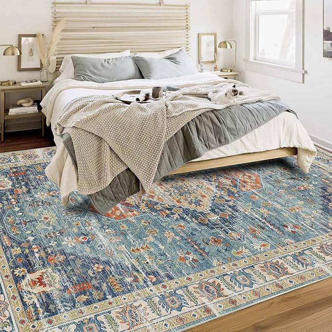Enkor Area Soft Rugs 6x9 Washable Non Slip Boho Floor Rugs for Living Room Bedroom, Vintage Style Farmhouse Mat for Kitchen Entryway Green & Blue