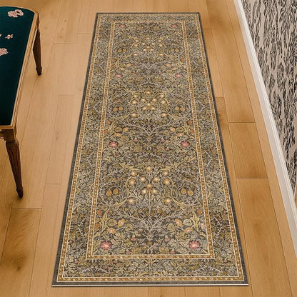 Brown 2'6" x 8' Runners for Hallways Non Slip, Extra Long Floor Runner for Kitchen, Entryway Indoor, Washable Rubber Backing Stain Resistant - Soft Boho Vintage Gold Brown Floral Décor