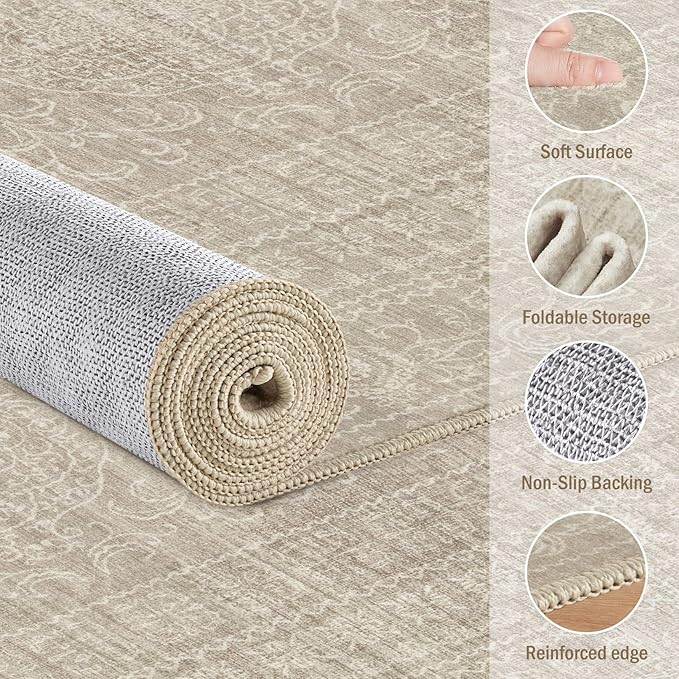 6ft Round Rug Living Room: Washable Large Vintage Rug Neutral Non-Slip Soft Stain Resistant Indoor Carpet for Bedroom Nursery Dining Room Under Table Bed Home House Office Playroom - Brown