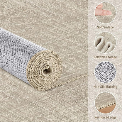 6ft Round Rug Living Room: Washable Large Vintage Rug Neutral Non-Slip Soft Stain Resistant Indoor Carpet for Bedroom Nursery Dining Room Under Table Bed Home House Office Playroom - Brown