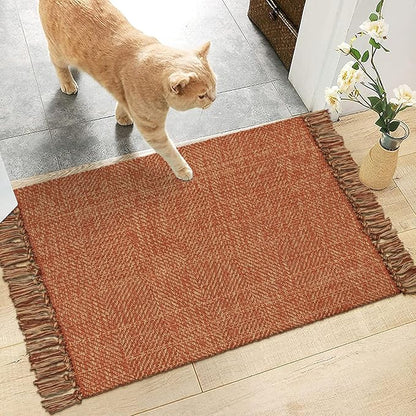 Collive Small Bathroom Rug, 2' x 3' Hand-Woven Low Profile Front Entryway Rug, Terracotta Cotton Reversible Washable Kitchen Rug Modern Farmhouse Carpet for Foyer Bedroom Front Door Fall Decor