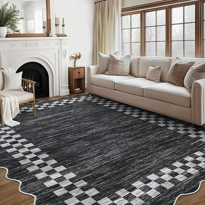GarveeHome Washable Rug 5x7 for Living Room Large Bedroom Scalloped Rug Non Slip Stain Resistant Modern Border Throw Carpet Soft Boho Rug for Dining Room Nursery Home Office, Grey