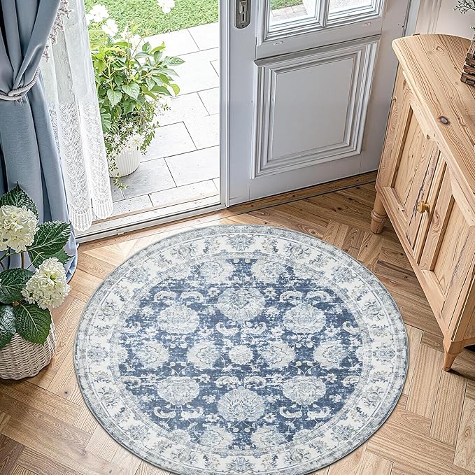 jinchan Fiora Round Rug 5ft Area Rug - Indoor Vintage Hallway Circle 5' Washable - Ultra-Thin Low Pile Soft Small Non Slip Distressed Floral Print for Living Room Bedroom Entryway Dark Blue