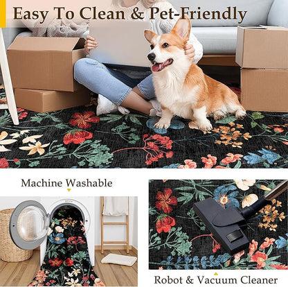 Floral Runner Rug 2x7 Washable Hallway Long Black Bedroom Carpet Non Slip Indoor Boho Kitchen Low Pile Accent Rug Lightweight Soft for Bathroom Dining Laundry Living Room