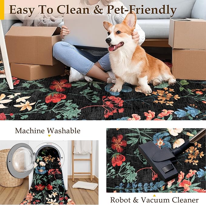 Floral Runner Rug 2x10 Washable Hallway Long Black Bedroom Carpet Non Slip Indoor Boho Kitchen Low Pile Accent Rug Lightweight Soft for Bathroom Dining Laundry Living Room