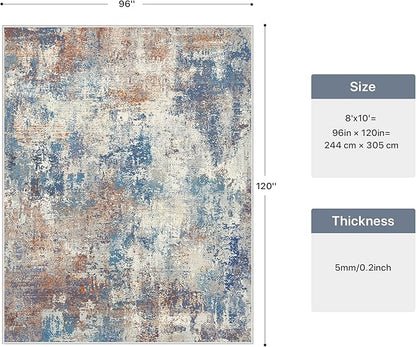 8x10 Area Rugs Washable Blue Rug for Living Room Bedroom, Abstract Modern Large Rug Non Slip, Water Repellent Low Pile Soft Carpet for Dining Room, Blue Rust