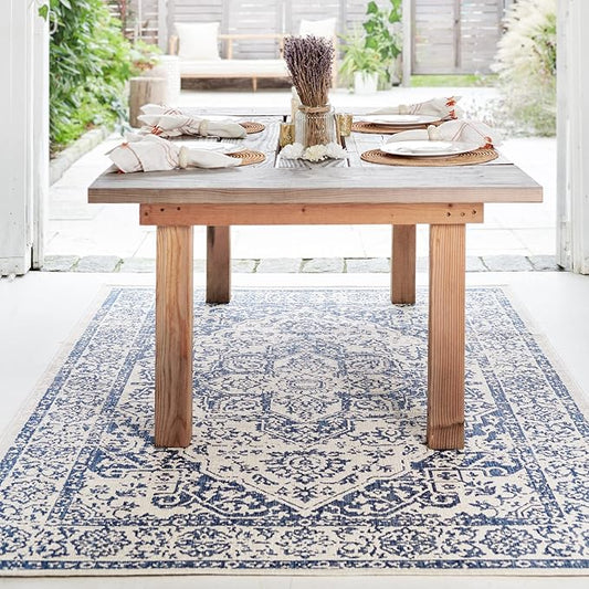 FH Home Flat Woven Outdoor Rug - Waterproof, Easy to Clean, Stain Resistant - Premium Polypropylene Yarn - Vintage - Patio, Porch, Deck, Balcony - Ankara - Distressed Blue - 5ft 2in x 7ft 6in