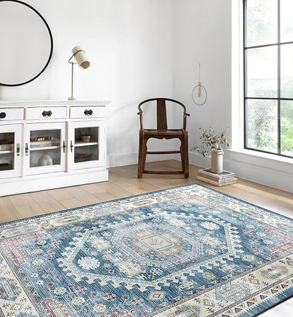 vivorug 6x9 Area Rug, Ultra-Soft Washable Rug for Living Room, Dinner Room, Bedroom, Non-Slip Vintage Medallion Rug, Indoor Carpet Large Area Rug, Blue