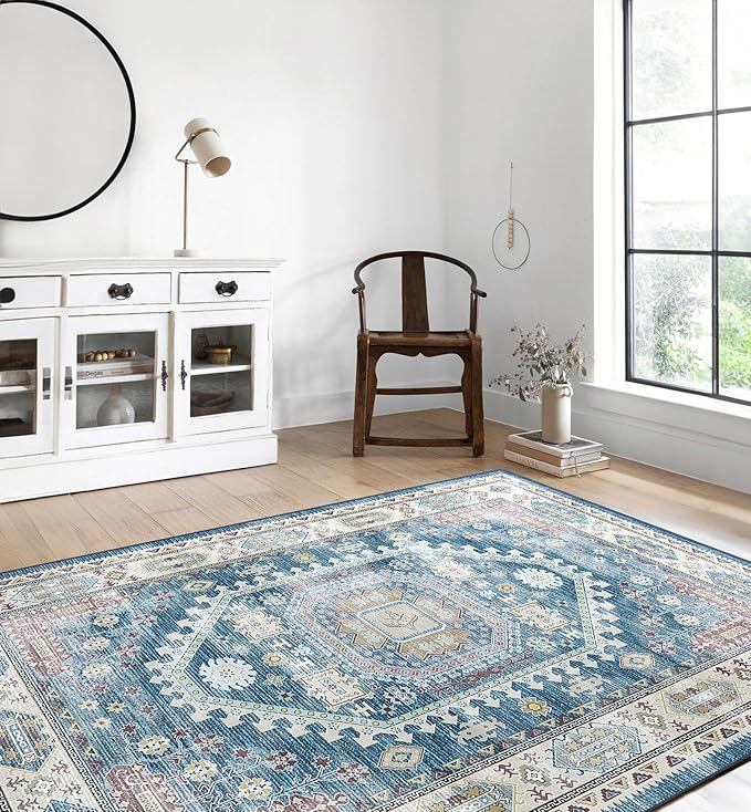 vivorug Blue 5x7 Area Rugs - Ultra-Thin Washable Rug with Non-Slip Backing, Ideal for Living Room, Bedroom, Dining Room Indoor - Vintage, Easy Clean, Durable, Low Pile Rug