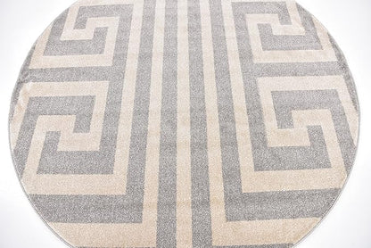 Unique Loom Athens Collection Classic Geometric Modern Border Design Area Rug (6' 0 x 6' 0 Round, Gray/ Beige)