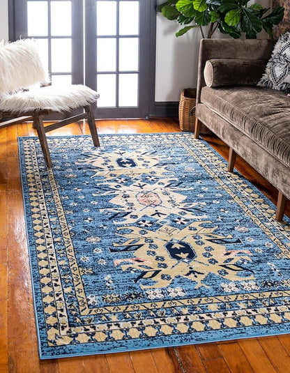 Unique Loom Taftan Collection Border Geometric Tribal Inspired Design Area Rug (9' 10 x 13' 0 Rectangular, Light Blue/ Gold)