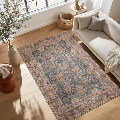 Kuden 6x9 Area Rug, Machine Washable Area Rug with Non-Slip Backing, Vintage Style, Soft, Easy Clean, Low Pile Rug for Living Room, Bedroom, Dining Room