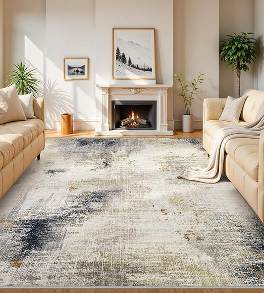 7x9 Washable Area Rugs - Modern Abstract Rugs for Living Room Non-Slip Low Pile Soft Machine Washable Carpet for Bedroom, Dining Room, Nursery, Home Office, Farmhouse (7'x9' Beige Tan)