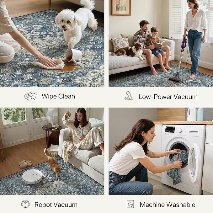 Bavni Washable Runner Rug 2x7, Non Slip Long Hallway Rug, Vintage Print Low Pile Ultra Thin Washable Carpet for Kitchen Bedroom, Blue
