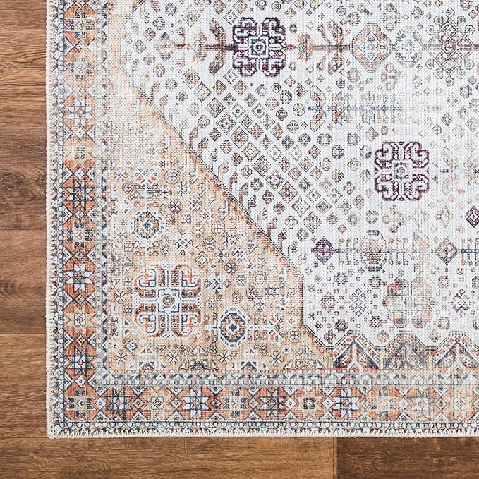 Bloom Rugs Washable Non-Slip 6' x 9' Rug - Sand/Orange/Purple Traditional Medallion Area Rug for Living Room, Bedroom, Dining Room, and Kitchen - Exact Size: 6' x 9'