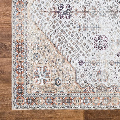 Bloom Rugs Washable Non-Slip 12 ft Runner - Sand/Orange/Purple Traditional Medallion Runner for Entryway, Hallway, Bathroom, and Kitchen - Exact Size: 2.5' x 12'