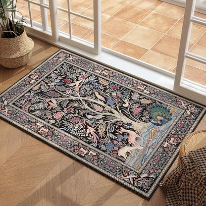 Rugcomf Indoor Door Mat 2x3 Rug Vibrant Tree of Life-Patterned Vintage Machine Washable Small Area Rug Non-Slip Low Pile Throw Rugs for Entryway Kitchen Front Door Entrance Entry Kids Room, Black