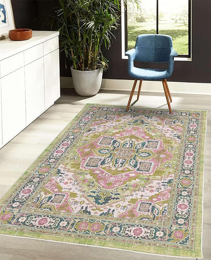 Ambesonne Ethnic Decorative Rug, Bohemian Retro Themed Floral Detail Cultural Abstract Shapes Flourish, Quality Carpet for Bedroom Dorm and Living Room, 4' X 5' 5", Pistachio Green Pink Teal