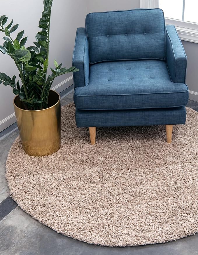 Unique Loom Solid Shag Collection Area Rug (7' 1" Round, Taupe)