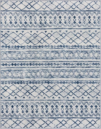 KUTA Moroccan 8x10 Rugs for Living Room Blue White, Washable Boho Area Rug Non-Slip, Ultra Soft Geometric Tribal Traditional Farmhouse Carpet for Dining Room Bedroom Dorm Office Home Decor