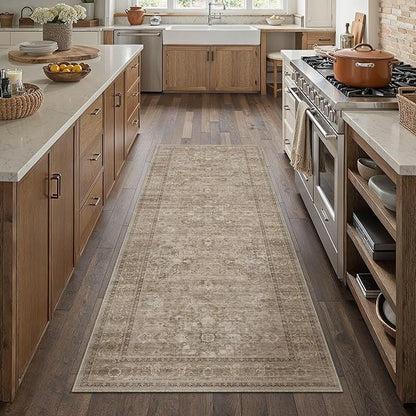 HUGEAR Washable Hallway 2x6 Runner Rugs Retro Brown Vintage Distressed Non Slip Stain Resistant Low Pile Neutral Throw Carpet for Bedside Kitchen Entryway Home Decor