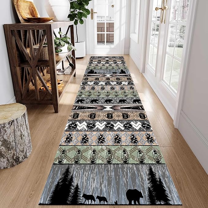 Bear Rug for Runner Rug, 4x10ft, Rustic Black Bear Wood Saw Compass Pine Oil Lamp Pattern Long Runner Rug, Camping Theme Multi-Color Stitching Non-Slip Floor Carpet, Cabin Style Home Decoration