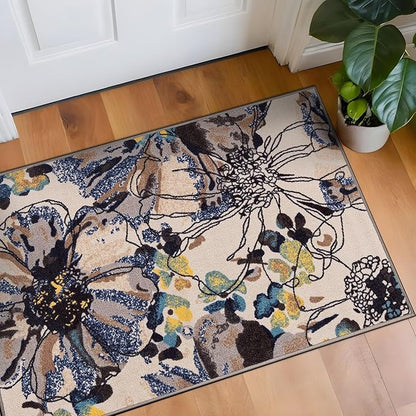 Rugshop Cream Bright Flowers Non Slip Non-Shedding Soft Accent Rug for Bathroom, Kitchen and Entryway, 20" x 30"