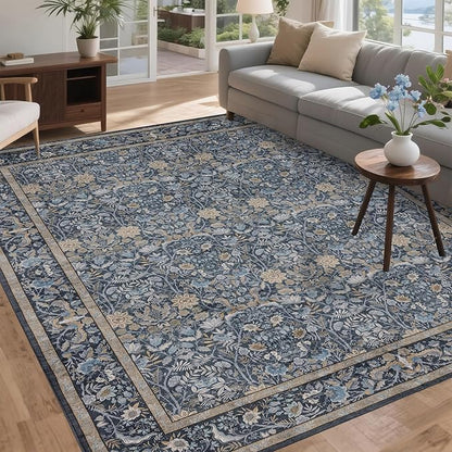 Washable Living Room Rug: 9x12 Boho Floral Soft Area Rug for Bedroom Decor - Vintage Low Pile Thin Carpet for Dining Room Non-Slip - Farmhouse Stain Resistant Rugs - Slate Blue