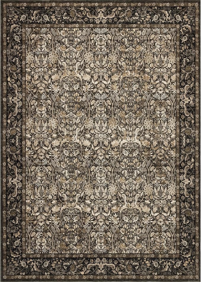 Washable Living Room Rug: 10x14 Boho Floral Soft Area Rug for Bedroom Decor - Vintage Low Pile Thin Carpet for Dining Room Non-Slip - Farmhouse Stain Resistant Rugs - Dark Brown