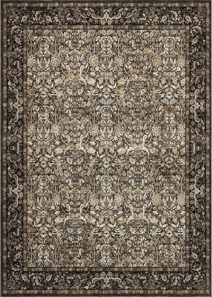 Washable Living Room Rug: 9x12 Boho Floral Soft Area Rug for Bedroom Decor - Vintage Low Pile Thin Carpet for Dining Room Non-Slip - Farmhouse Stain Resistant Rugs - Dark Brown