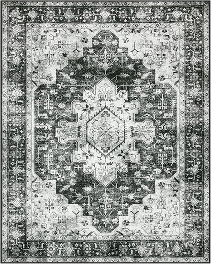 Moynesa Ultra-Thin Washable Area Rugs 8x10 Black and White Rugs for Living Room, Boho Large Rugs for Bedroom Non Slip Lightweight, Vintage Low Pile Carpet for Dining Room Home Office Decor