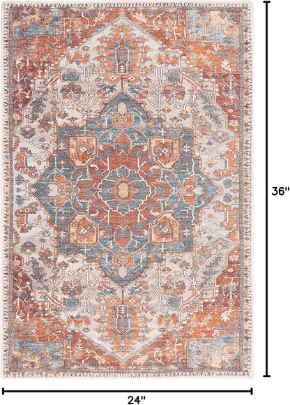 GLN Rugs Traditional Collection - Machine Washable Area Rug, Traditional Washable, Non Slip, Low Pile Chenille Rug, Living Room, Bedroom, Kitchen Rug (2' x 3' Cream/Terra)
