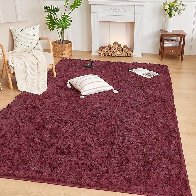 Andency Burgundy Soft Area Rugs for Living Room Bedroom, 5x8 Fluffy Shaggy Bedside Rug, Non-Slip Large Shag Fuzzy Plush Carpets for Bedroom Kids Dorm Nursery Home Decor Aesthetic