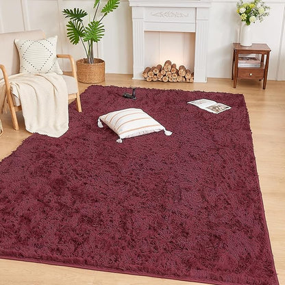 Andency Burgundy Soft Area Rugs for Living Room Bedroom, 5x8 Fluffy Shaggy Bedside Rug, Non-Slip Large Shag Fuzzy Plush Carpets for Bedroom Kids Dorm Nursery Home Decor Aesthetic