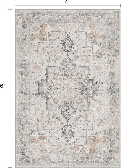 4x6 Area Rugs for Living Room, Machine Washable Low Pile Vintage Rugs, Non Slip Lightweight Print Rug for Bedroom, Dining Room, Home Office, Light Taupe Brown