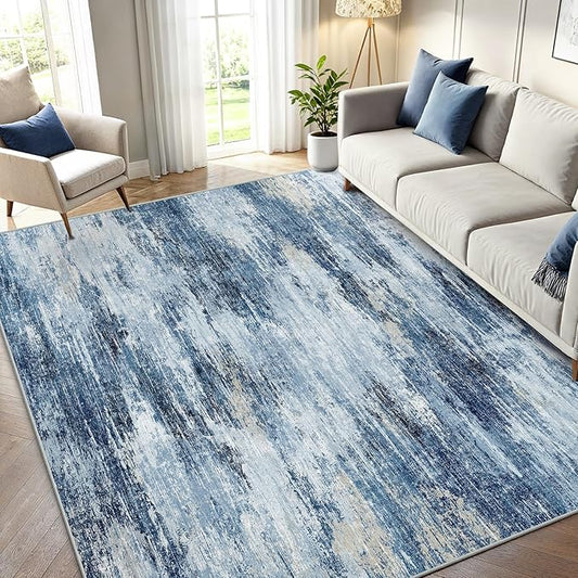 AMADA HOMEFURNISHING 5x7 Area Rugs for Living Room, Modern Abstract Washable Rug Neutral Soft with Non-Slip Backing & Low Pile Kids Rug for Resistant, Bedroom, Nursery Home Office, Blue