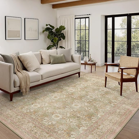 8x10 Washable Area Rug for Living Room, Non Slip Water Repellent Low Pile Carpet for Bedroom & Home Decor, Lightweight Carpet, Brown Pink