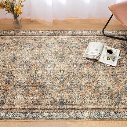 Phantoscope Washable Area Rug 6'x9' Non-Slip, Vintage Neutral Rugs for Living Room, Bedroom, Dining Room, Distressed Boho Floral Medallion Pattern, Low-Pile Foldable Carpet, Brown/Charcoal Spice