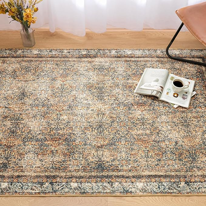 Phantoscope Washable Area Rug 5'x7' Non-Slip, Vintage Neutral Rugs for Living Room, Bedroom, Dining Room, Distressed Boho Floral Medallion Pattern, Low-Pile Foldable Carpet, Brown/Charcoal Spice