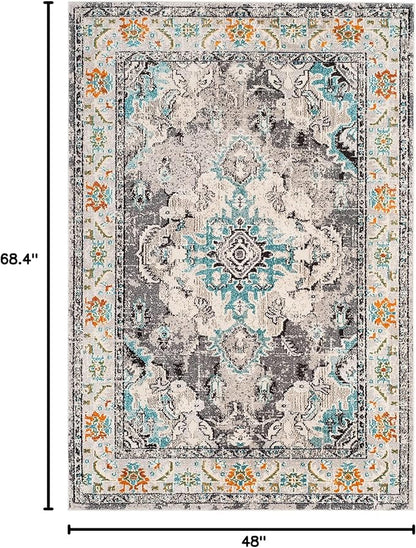 SAFAVIEH Monaco Collection Accent Rug - 4' x 5'7", Grey & Light Blue, Medallion Distressed Design, Non-Shedding & Easy Care, Ideal for High Traffic Areas in Entryway, Living Room, Bedroom (MNC243G)
