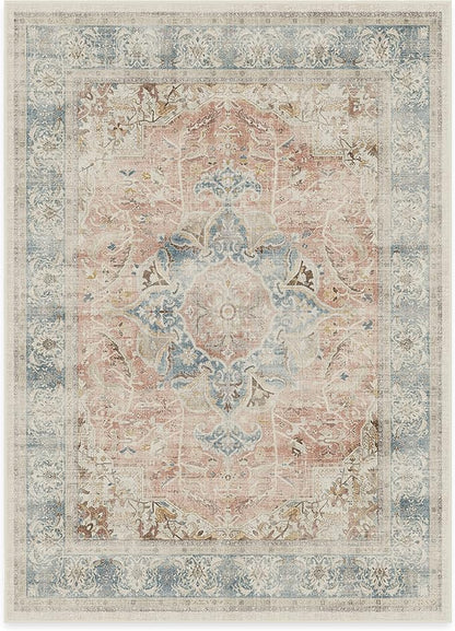 RUGGABLE Washable Vintage Area Rug – Sarrah Coral 5x7, Stain-Resistant, Non-Slip – Medium Machine Washable Rugs for Living Room, Bedroom, Hallway, Entryway & Office–with Cushioned Pad