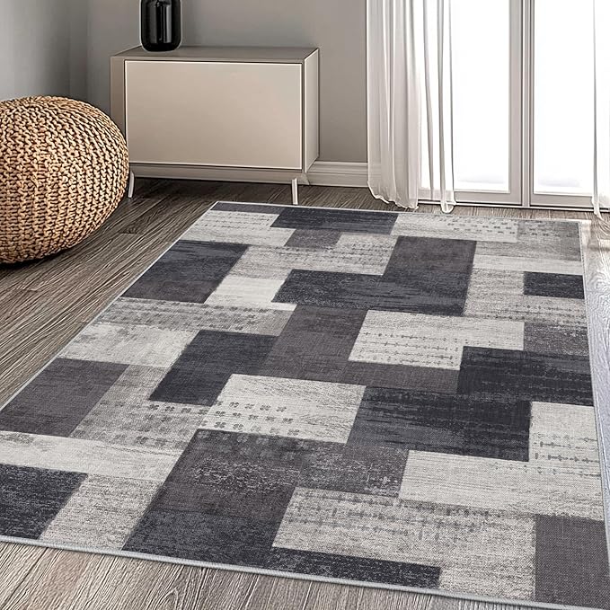 Modern Geometric Patchwork Indoor Area Rug for Living Room, Charcoal 4'x 6' Large Rug Rockwood Collection Hardwood Floors Decor for Bedroom, Grey Throw Carpet for Office Entryway Dining Room